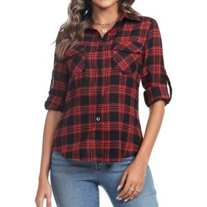 Totatuit Flannel Checked Long Sleeve Tops Women V Neck Button Down Casual Ladies Shacket Blouse Plaid Shirt