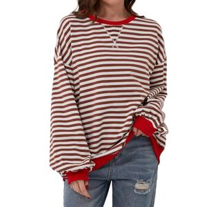 TERIVEEK Women Oversized Striped Color Block Long Sleeve Crew Neck Sweatshirt Casual Loose Pullover Y2K Shirt Top, Brown, Large