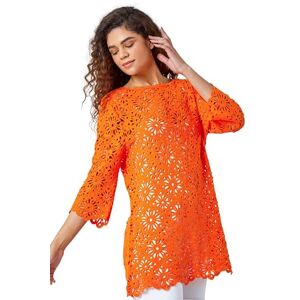 Roman Cotton Crochet Tunic for Women UK Ladies Cotton Lace Top Blouse Crinkle Embroidered Eyelet Broderie Anglaise Spring Summer Beach Holiday Cool Loose Jumper Cover Up - Orange - Size 12