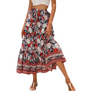 Vioyavo Women Casual Boho Long Skirt Vintage Floral Print Bohemian Style Half Dress Elastic Waist Flowy Swing Midi Skirt Summer Spring (Red, XL)