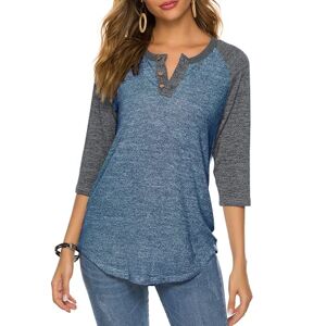 HOCOSIT Women's Raglan Round Neck Summer Tops Ladies Basic Button Henley Shirt Boyfriend Style Blouse (Grey Sleeve+Blue, XX-Large)