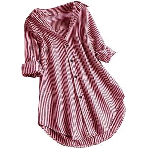 HAOLEI Striped Blouse for Women Sale Long Sleeve Button Down Shirt Lapel Casual Cotton Tops Classic Elegant Loose Cardigan Fall Winter Jacket Ladies Office Work Tee Shirts Tunic Top Plus Size 22 Wine