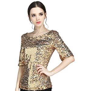 Hzmm Womens Coctail Party T Shirt Summer Fashion Sequins Half Sleeve Crew Neck Shiny Blouse Casual Women Crop Tops Ladies Club Tunic Shirt Gold