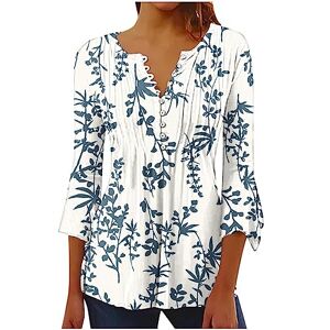 Amhomley Women Long Sleeve Tunic Shirts AMhomely Sports Tops for Women UK Elegant Long Sleeve V Neck Blouses Shirts Soft Sweatshirts Pullover Pattern Printed Buttons T-Shirt Work Party Comfy T Shirts 003 Blue S