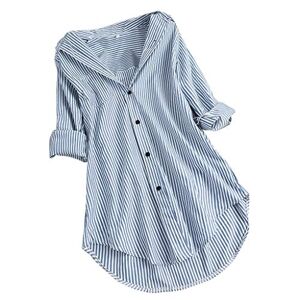 Cocila Women Chic Stripe Long Sleeve Turn-Down Collar Button Loose Tunic Tops Shirts Blouse(L,Sky Blue)