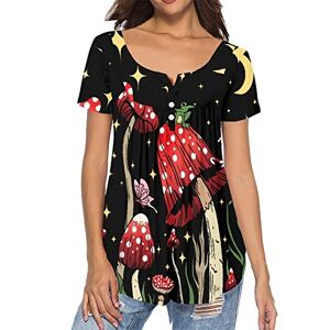 POLERO Moon Star Mushroom Frog Tunic Tops for Women Plus Size Short Sleeve Summer Casual Tunic Shirts Button Up Henley Tops L