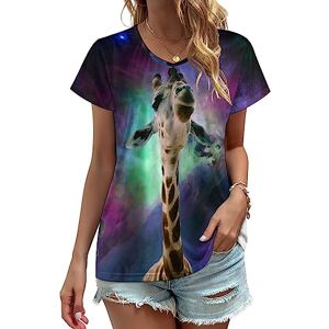 Songting Space Giraffes Womens V Neck T Shirts Cute Graphic Short Sleeve Casual Tee Tops XL