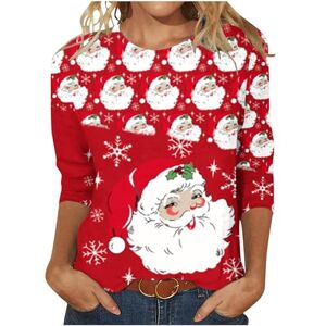 Women'S Christmas Sweatshirt & Long Sleeved Top AOCRD UK Women's Casual Fit Sweatshirts Christmas Crew Neck Pullover Tops Thin 3/4 Sleeve Shirts with Santa Print Sale Clearance Red