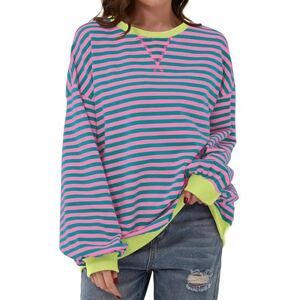 XIALIN Womens Oversized Classic Striped Crewneck Sweatshirts Long Sleeve Color Block Shirts Casual Tops (UK, Alpha, XL, Regular, Regular, Pink)