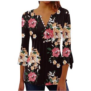 Kuih Womens Tunic Tops 3/4 Sleeves Ladies V Neck Flower Printed Top Casual Loose Comfy Breathe Blouse Elegant Button UP Pullover T-Shirt for Party Dance Office Size 8-16