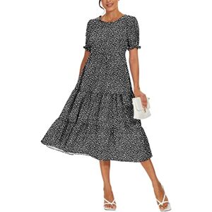 YUNDAI Women's Summer Casual Maxi Boho Dress Floral Print Ruffle Puff Sleeve High Waist Modest Long Dresses, 2X-Large Panther Black