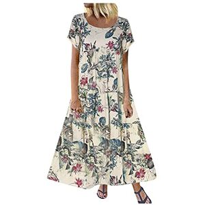 Briskorry Women's Summer Dress, Cotton Linen Beach Dresses, Short Sleeve Round Neck Maxi Dress, Long Floral Pattern, Boho Dress, Large Sizes, Casual Dresses