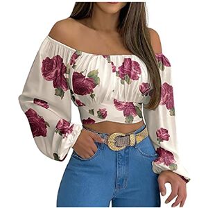 Women Blouse Shirt AMhomely Woman's Strapless Long Sleeve Printing Off Shoulder Ruched Lantern Sleeve Crop Tops Vintage Work Shirt UK Size, Hot Pink, XXL