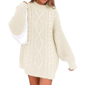 FeMereina Women's Crewneck Oversized Pullover Fall Cable Knit Long Sleeve Chunky Short Sweaters Dresses (Beige, L)