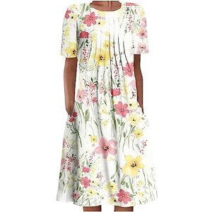AMhomely Summer Dresses for Women UK Elegant Bohemian Floral Midi Dresses Short Sleeve Loose Tshirt Dress Casual Boho Beach Sundresses Swing Flowy Dresses Everyday Wear
