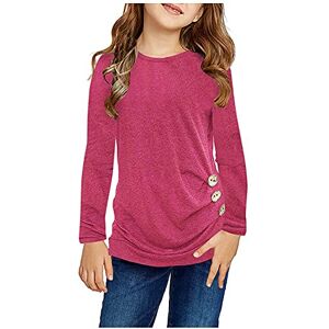 Generic Girls' Tunic Tops Crew Neck Ultra Soft Plain Long Sleeve Comfortable Casual Pullover Sweatshirt with Side Buttons Costume Blouse Girls, Hot Pink, 12- 13 Years