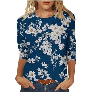 Generic Floral Print Tops for Women UK Summer Crewneck 3/4 Sleeve T Shirts Ladies Casual Baggy Blouse Dressy Elegant Tunics Dark Blue