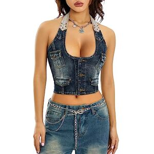 Miucchy Women Summer Waistcoat Vest Vintage Denim Button Up Racerback Crop Jacket Vest Streetwear (B-Blue, S)