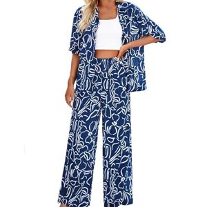 Pliouasz Women's 2 Piece Blouse Casual Summer Short Sleeve Tops V-Neck Button Down Shirts Blouse Tops Print High Waist Pants Lightweight Breathable Loose Elegant Leisure Suit(Color:Blue,Size:XL)