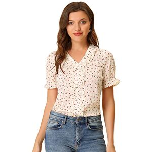 Allegra K Women's Cherry Print Ruffle V Neck Short Sleeve Summer Blouse Beige M-12