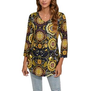 Enmain Womens Tunic Tops Patterned T Shirt 3/4 Sleeve Ladies V Neck Long Top Women's Curved Hem Slim Fit Tunics Shirt Swing Tee Woman Black & Brown XL