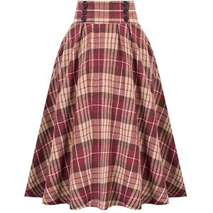 JURTEE Women Plaid Skirt Knee Length Checked Skirts High Waist Elastic A-Line Pleated Skirt Ladies Elegant 50s Circular Skirt