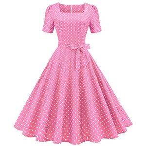 1950s Dresses for Women UK Vintage Elegant 1940s 50s Style Audrey Hepburn Rockabilly Short Sleeve Polka Dots A Line Swing Midi Skater Tea Dress Cocktail Party Evening Prom Gown Plus Size B#Pink S