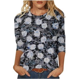 Generic 3/4 Sleeve T Shirts for Women UK Round Neck Floral Print Tops Ladies Summer Loose Fit Casual Blouse Dressy Going Out Tunics Navy