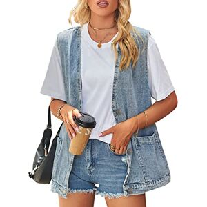 FEOYA Women's Oversized Denim Gilet Baggy V Neck Denim Waistcoat Button Down Sleeveless Jean Jacket Distressed Loose Fit Collarless Gilet Cotton Casual Washed Vest with Pockets Autumn Spring 04 Blue L