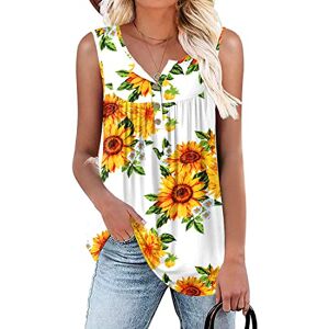 Aodemo Women's Summer Casual Henley V Neck Tunic Ladies Button Up Tops Flowy Sleeveless Shirts Loose Blouse L, Sunflower White