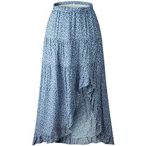 Generic Women's Boho Floral Wrap Maxi Skirt Elastic Tiered Ruffle Polka Dot Pleated Midi Skirt High Waisted Long Swing Skirt, Blue 2, Small