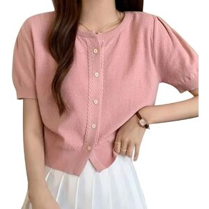 Woedpez Summer Short Sleeve Cardigan Casual Elegant Button Up Shrug Sweater for Dresses Tops Solid Color T-Shirt Soft Knitwear Pink