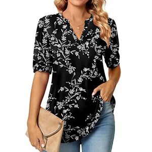Anyally Womens Casual Notch V-Neck Tops Puff Short Sleeve Summer T-Shirts Dressy Cute Work Blouses, 3XL Carved White + Black