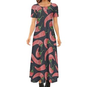 Songting Red Chili Pattern Women's Summer Casual Short Sleeve Maxi Dress Crew Neck Printed Long Dresses XS