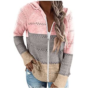 Sllowwa Women's Patchwork Hooded Cardigan Zip Up Hoodie for Women UK Colour Block Shirt Long Sleeve Rainbow Tops Lightweight Sweater Front Open Coat Knit Blouse Fall Winter Spring (Pink, L)