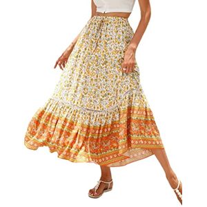 SotRong Summer Boho Midi Skirt Vintage Floral Print Gypsy Skirts High Waist Long Summer Dresses for Beach Holiday Orange XL