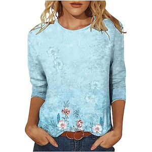 Amhomley Women Long Sleeve Tunic Shirts AMhomely Tops for Women UK Plus Size Elegant 3/4 Sleeve Round Neck Tops Blouses Lighweight Streetwear Floral Print Loose Fit Comfy T Shirts Fitness Golf Shirt 233 Light Blue S