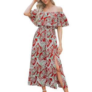CUPSHE Dress for Women Summer A Shape Dresses Off Shoulder Sleeve Maxi Length Ruffle Fitted Waisted Tropical Printed Red Leaf XS