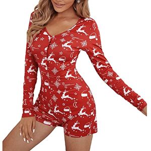 FeMereina Women's Christmas Long Sleeve Short Jumpsuit Button Down V Neck Xmas One Piece Bodysuit Club Tank Romper Overall Pajama (Red Elk#1, S)