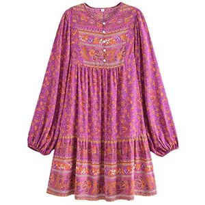 Pohullan Boho Tunic Dress Women Bohemian Style Rayon Cotton Vintage Dresses Women Button Loose Kaftan as pic S