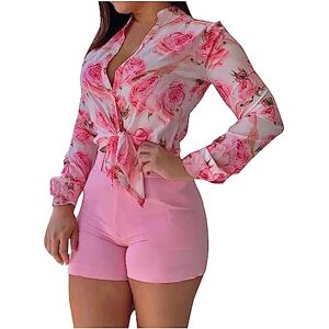 Summer Jumpsuit NSICBMNO Womens Two Piece Outfit Deep V Neck Trouser Suits Co Ord Sets Tie Knot Long Sleeve Elegant Tracksuit Outfit Sets Short Romper with Pocket Casual Tracksuit Summer Beach Vacation 01_Pink S