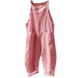 Schlaghose Damen High Waist Stoff Minimalist Jumpsuit with Pockets and V-Neck Jumpsuit Striped Bib Trousers Fashion Retro Dungarees Summer Trouser Suit Daily Casual Bib Shorts Romper Beach Playsuit Dungarees, red, M