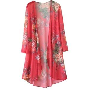 FWSHANGMAO Womens Chiffon Long Cardigan Kimono Cardigan Floral Print Shawl Cover Up Beachwear Boho Summer Casual Loose Blouse Swimwear Cardigan Swimsuit Red Xs