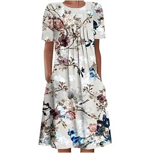 AMhomely Womens Summer Dress Short Sleeve Round Neck Midi Dress Pleated Swing Dress Floral Print Boho Dress Holiday Beach Sundress Skater Dress T Shirt Dress, Z81 Gray, 12