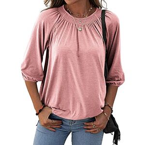 Tankaneo Women's Solid Crew Neck T Shirt Blouse Cotton Half Sleeve 3/4 Sleeve Casual Loose Pleated Basic Tops Pink