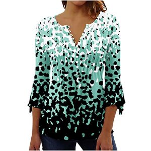 Women's Printed Button T-Shirts Summer 3/4 Sleeve Tops V-Neck Vintage Floral Tee Shirts Mid-Length Graphic Tunic Tops Casual Loose Shirts Elegant Pleated Blouses Green