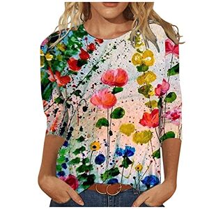 Amhomely Sale Clearance AMhomely Summer Tops for Summer 3/4 Sleeve Round Neck T-Shirt Autumn Floral Leaf Print Blouse Tops Casual Loose Fit Tops Sale UK Size Fashion Graphic Shirts Clearance