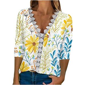 KUIH 3/4 Sleeve Shirts for Women Flower Print Casual Loose Lightweight Tops Lace V Neck Blouse Elegant Party Pullover Tunic T-Shirt Sweatshirts Summer Spring Blouses for Ladies UK Plus Size