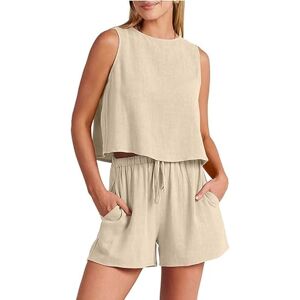 LCDIUDIU Summer Co Ord Sets For Women Linen, Beige Crew Neck Sleeveless Vest Back Button Crop Top Tank Top Shorts Sets 2 Pieces Outfit Lounge Holiday Beach Wear Matching Sets Beige S