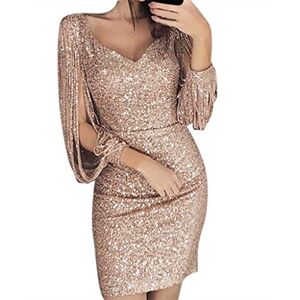 Janly Clearance Sale Dresses for Women, Women Sexy Solid Sequined Stitching Shining Club Sheath Long Sleeved Mini Dress, Long Sleeve Printed Dress, for Holiday Wedding Birhday Party (Khaki-L)